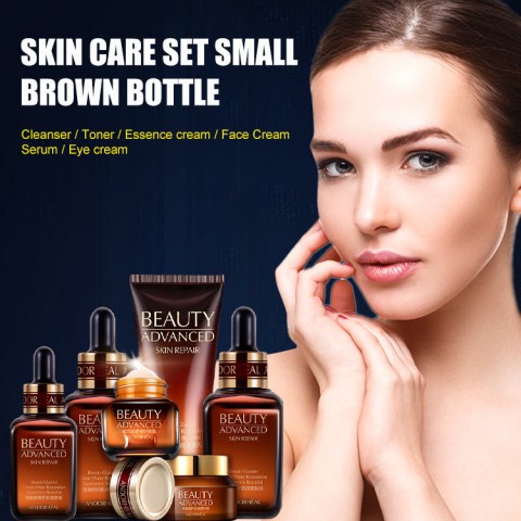 Skin Care Set Small Brown Bottle - Face Toner Essence Eye Cream Lotion Anti-Aging Retinol Serum Facial Cleanser 