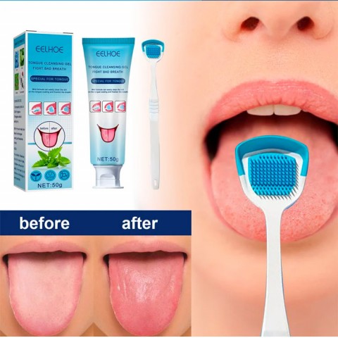 Tongue Cleaning Gel With Brush - Reduce Bad Breath, Healthy Oral Hygiene Brush -  For Adults and Kids